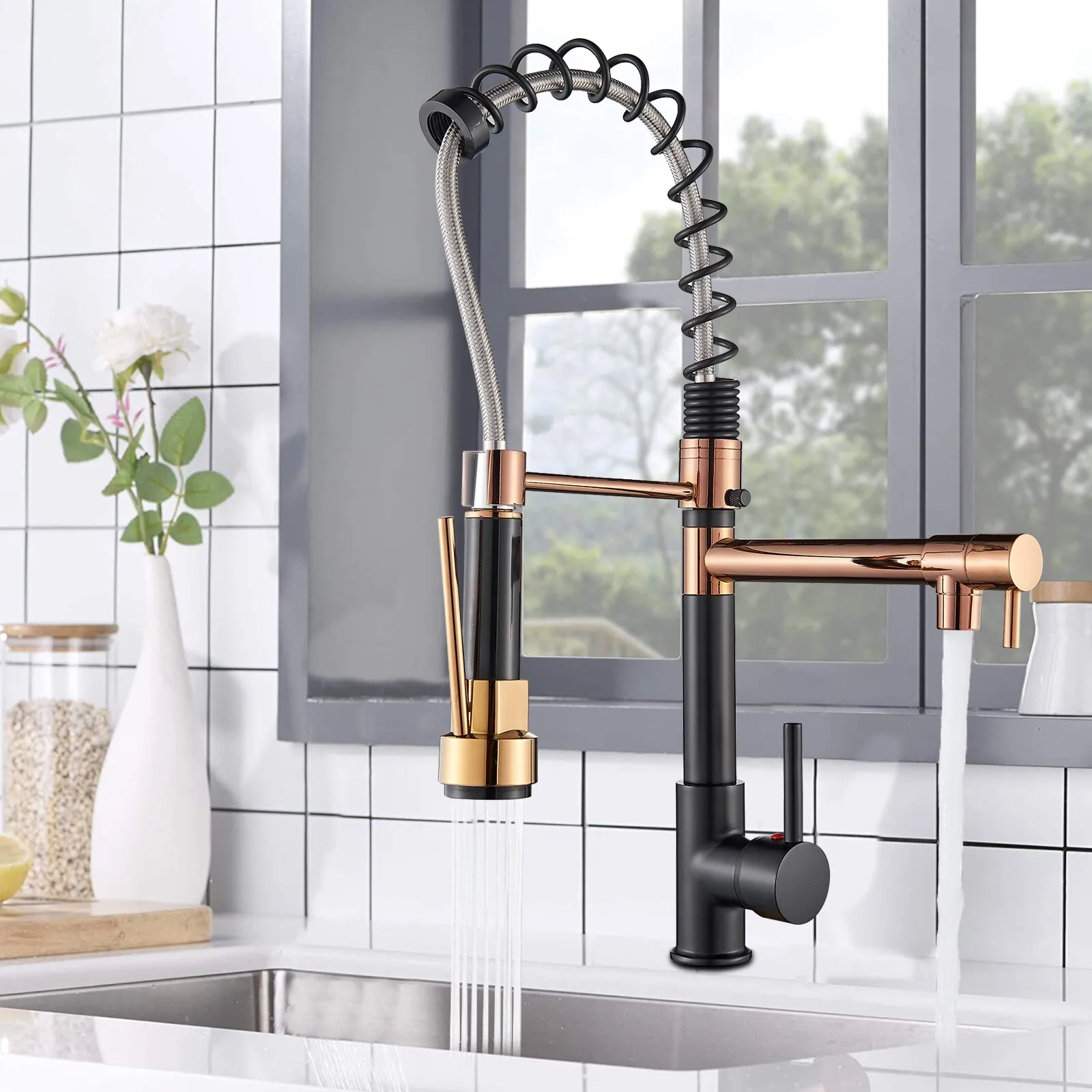 

Black Rose Gold Kitchen Faucet Pull Down Sprayer Swivel Single Handle Sink Mixer