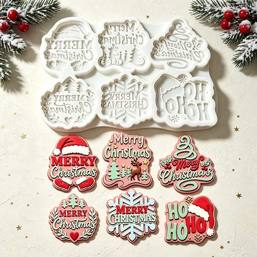 Merry Christmas Phrase Santa Snowflake Tree Silicone Mold for Sugarcraft Resin Cupcake Baking Fondant Cake Decorating Tools