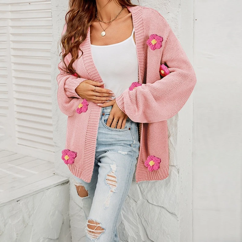 Flower Embroidery Jacquard Sweater Women Autumn Winter Pullover Apricot Pink Cardigan Knit Jumper Casual Warm Y2k Top Jumpers