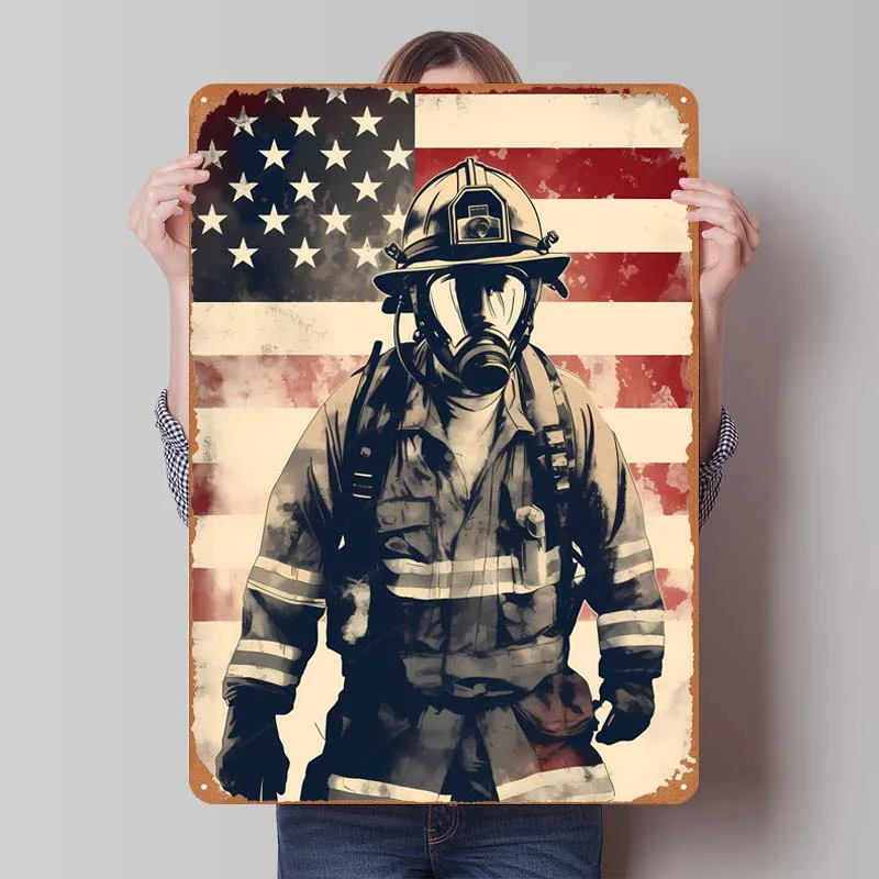 Firefighter USA Flag Poster Metal Wall Art Mural Tinplate Man Cave Vintage Metal Signs for Garage Bedroom Wall Decoration Decor