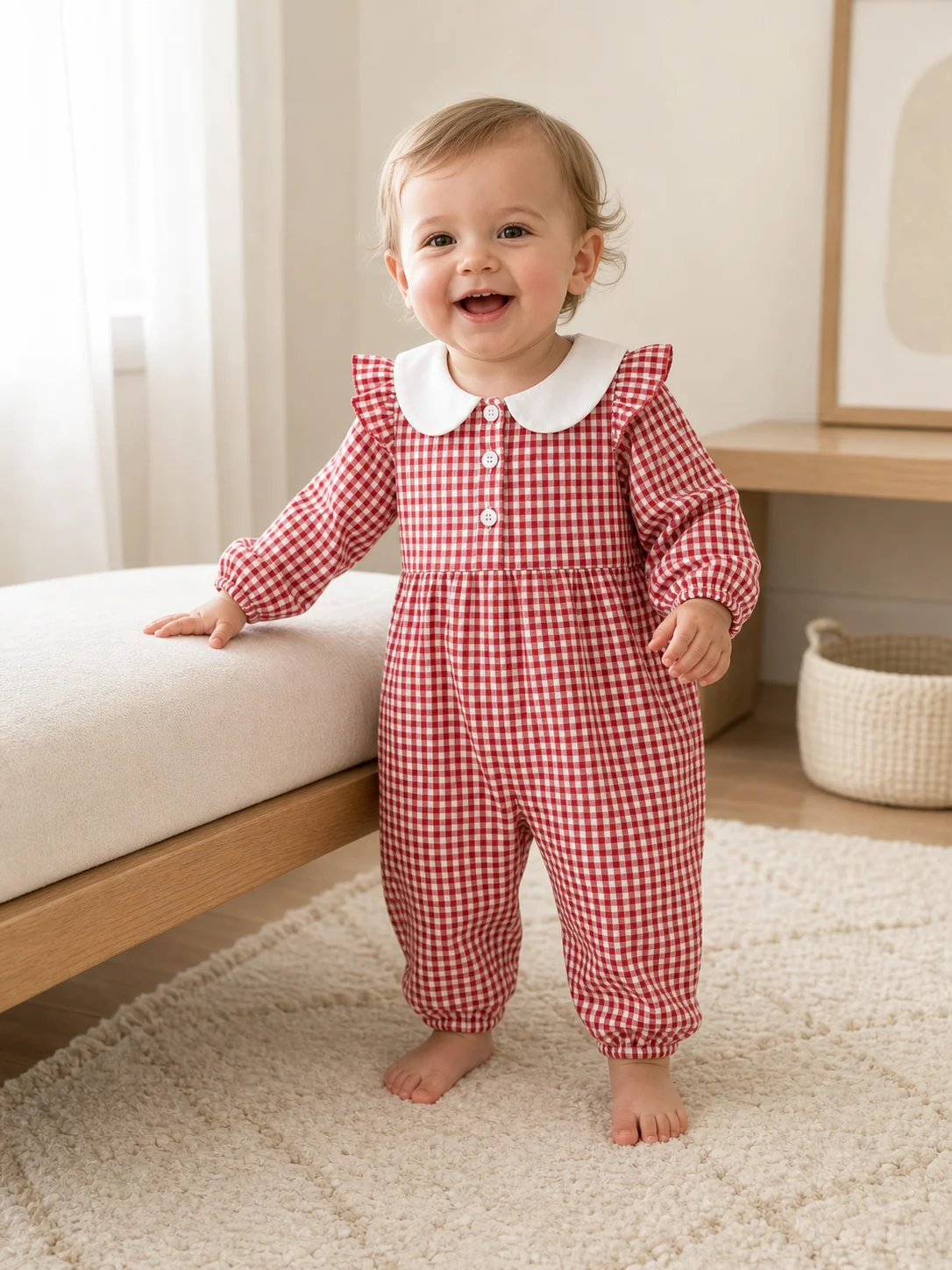 Baby Girl Red G Jumpsuit Peter Pan Collar Ruffle Long Sleeve Plaid Baby Romper 95% Cotton Fall Newborn Infant One Piece Outfit