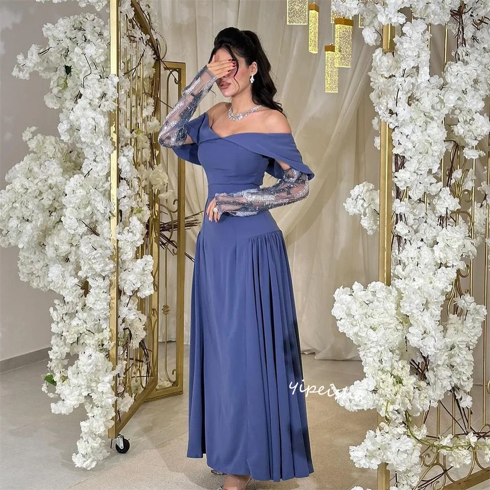 Exquisite High Quality Sparkle Jersey Draped A-line Off-the-shoulder Bespoke Occasion Gown Midi Es  