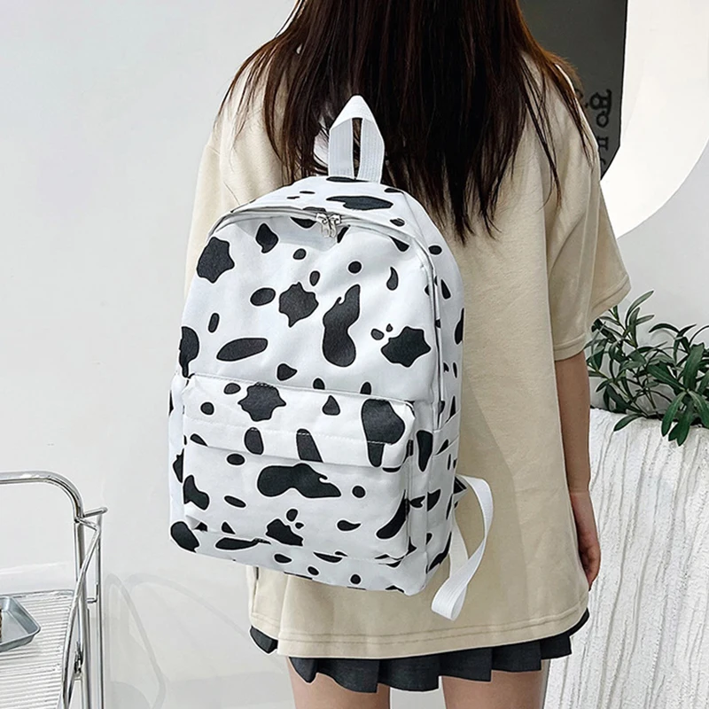 Women Canvas Backpack Zebra Cow Print Pattern School Book Bag Ladies Large Capacity Travel Bag Female Multi-Pockets Shoulder Bag