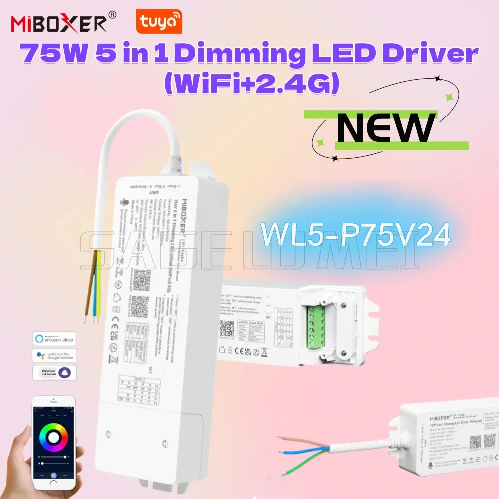 

75 Вт MiBoxer WL5-P75V24 Диммер 5-в-1 Tuya Smart 24 В Wi-Fi + 2,4G Встроенный драйвер для одиночных/двойных белых светодиодных лент/RGB/RGBW/RGBCCT