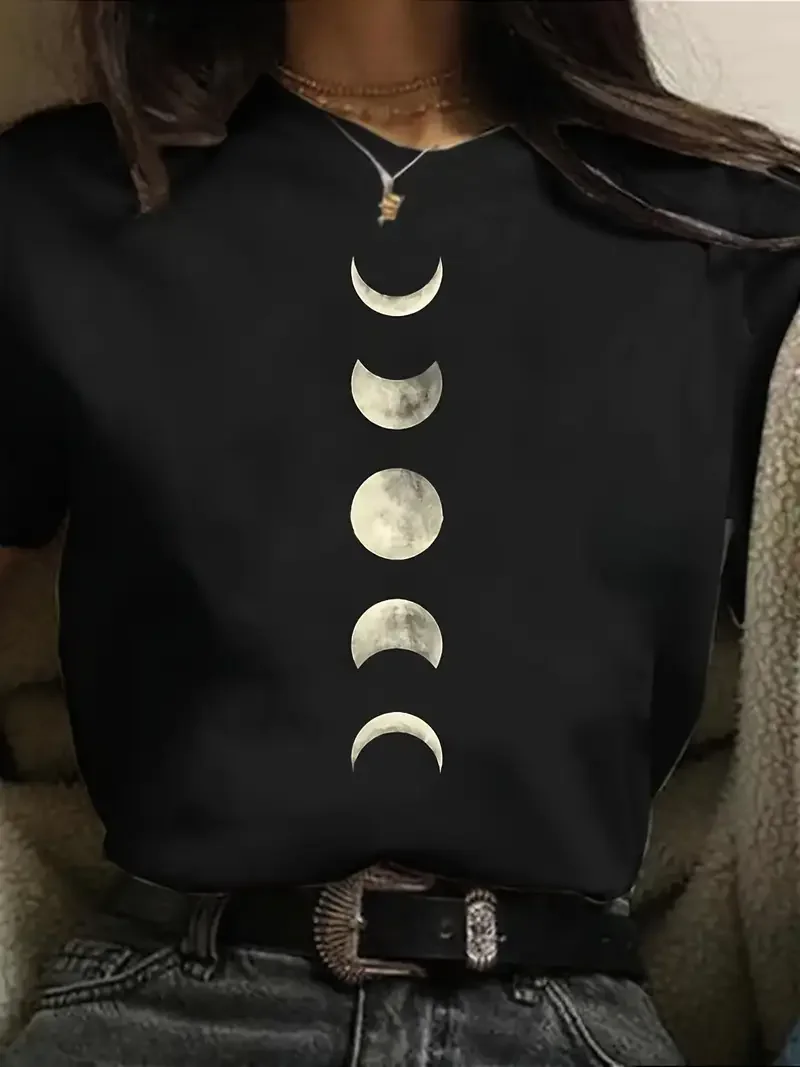 Lustiges 90er Y2k Sonnen- und Mond-Aufdruck-T-Shirt mit Rundhalsausschnitt, lässiges Kurzarm-T-Shirt für Damenbekleidung im Frühling und Sommer