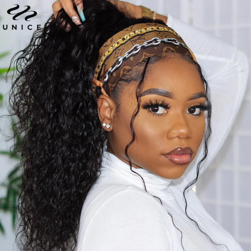 UNice Hair Water Wave Headband Wig 100% Human Hair Wigs Ready To Wear Beginner Friendly Glueless Wigs Send Free Headband Scarf