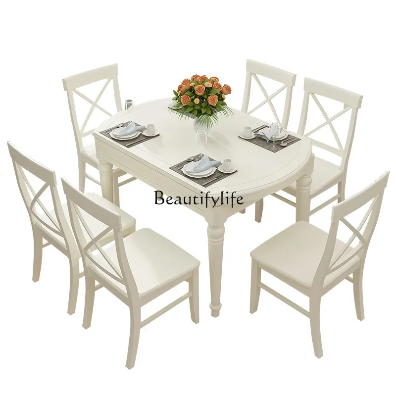 LAmerican solid wood dining table white retractable folding modern simple home