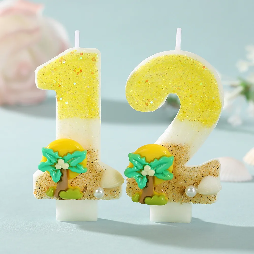 New Number Cake Candle Coconut Tree Ocean Glitter Birthday Candle 0 1 2 3 4 5 6 7 8 9 3D Number Topper Birthday Party Cake Decor view 3