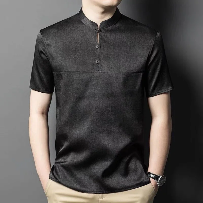 Men's Mandarin Collar Short Sleeve T-Shirt Chinese Style Solid Color Breathable Daily Wear Casual Top