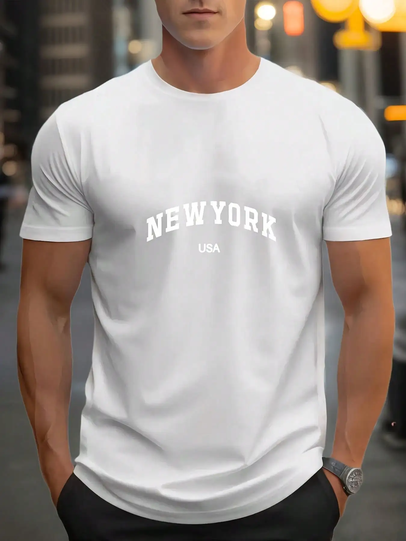 เสื้อยืดคอกลมลําลองสําหรับบุรุษพิมพ์ลาย NEW YORK USA ผ้าถักผ้าฝ้าย 100% ยืดเล็กน้อยสีทึบพอดีปกติ