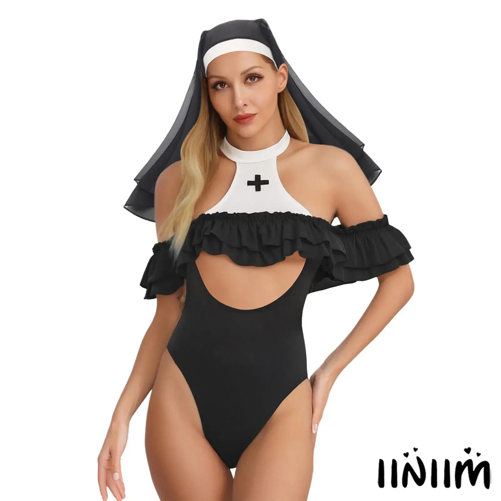 

Womens Nun Sister Cosplay Tiered Ruffled Chest Hollow Out Openable Crotch Bodysuit Pompom Bunny Tail and Veil Lingerie Nightwear