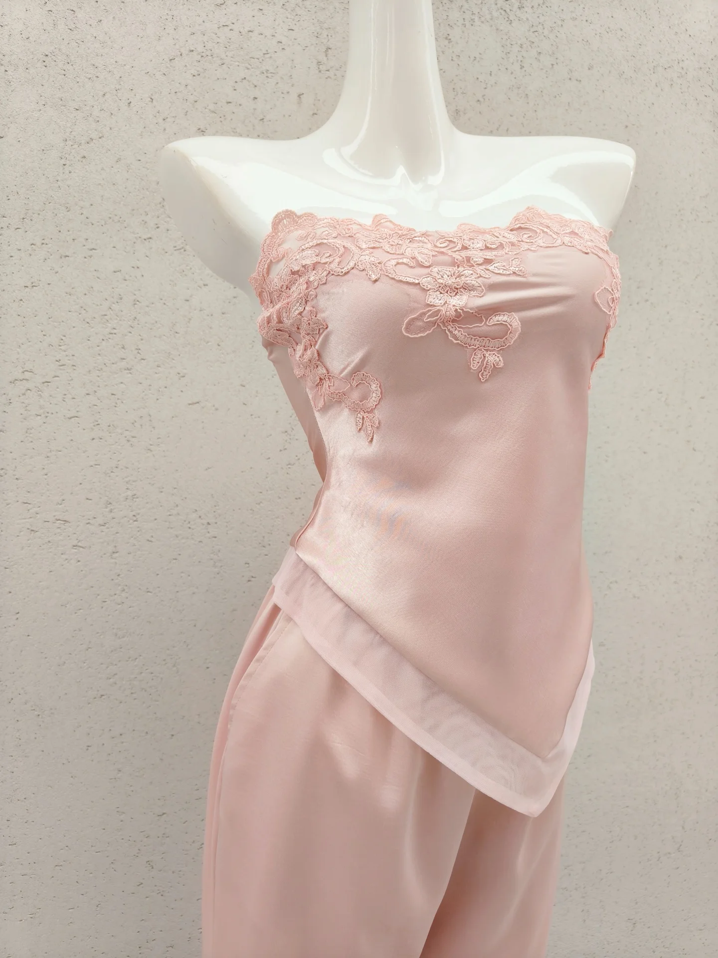 Autumn Women French Style Set Lace Spliced Strapless Top + High Waist Satin Straight Long Pants Elegant Ladies Suit