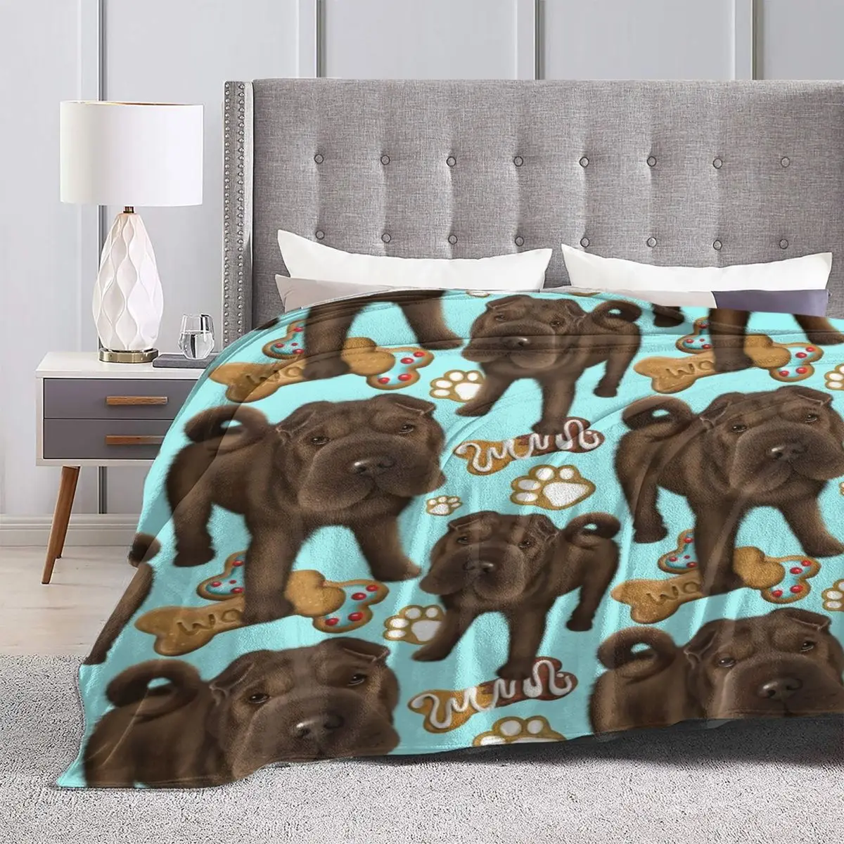 Shar Pei Blue Biscuits Flannel Blankets Quality Soft Durable Funny Dog Throw Blanket Winter Camping Bed Aesthetic Bedspread