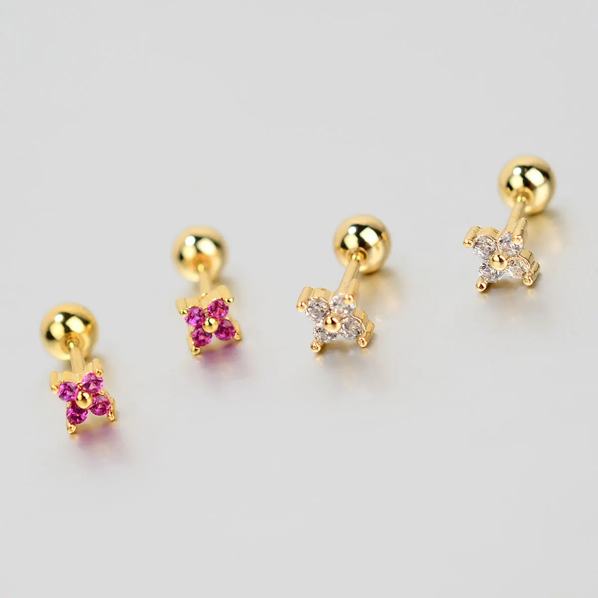 1PC 20G Crystal Flower Small Stud Earrings for Girl Sweet Cute Red Zircon Piercing Cartilage Ear Ring Women\'s Aesthetic Jewelry