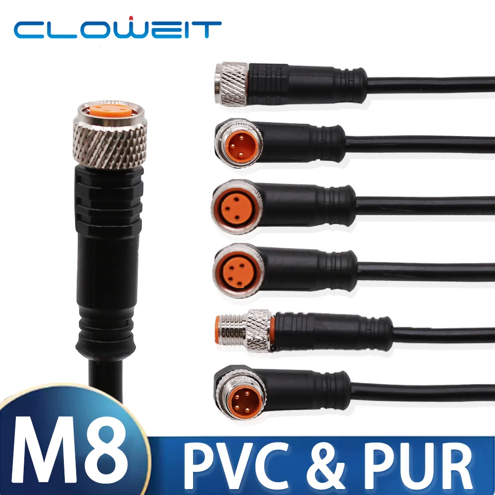 Cloweit PVC PUR 2 Meters M8 Sensor Connector Waterproof Plug Male&Female 3Pin 4Pin 2m PVC Line A Code