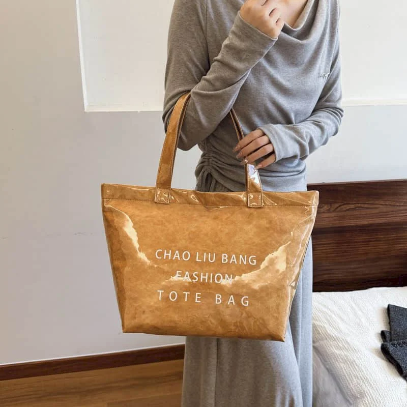 

Jelly Handbag for Women Tote Bag Reusable Waterrproof PVC Shoulder Bags Casual Letter Printed Canvas Lining Gift Shopping Bags