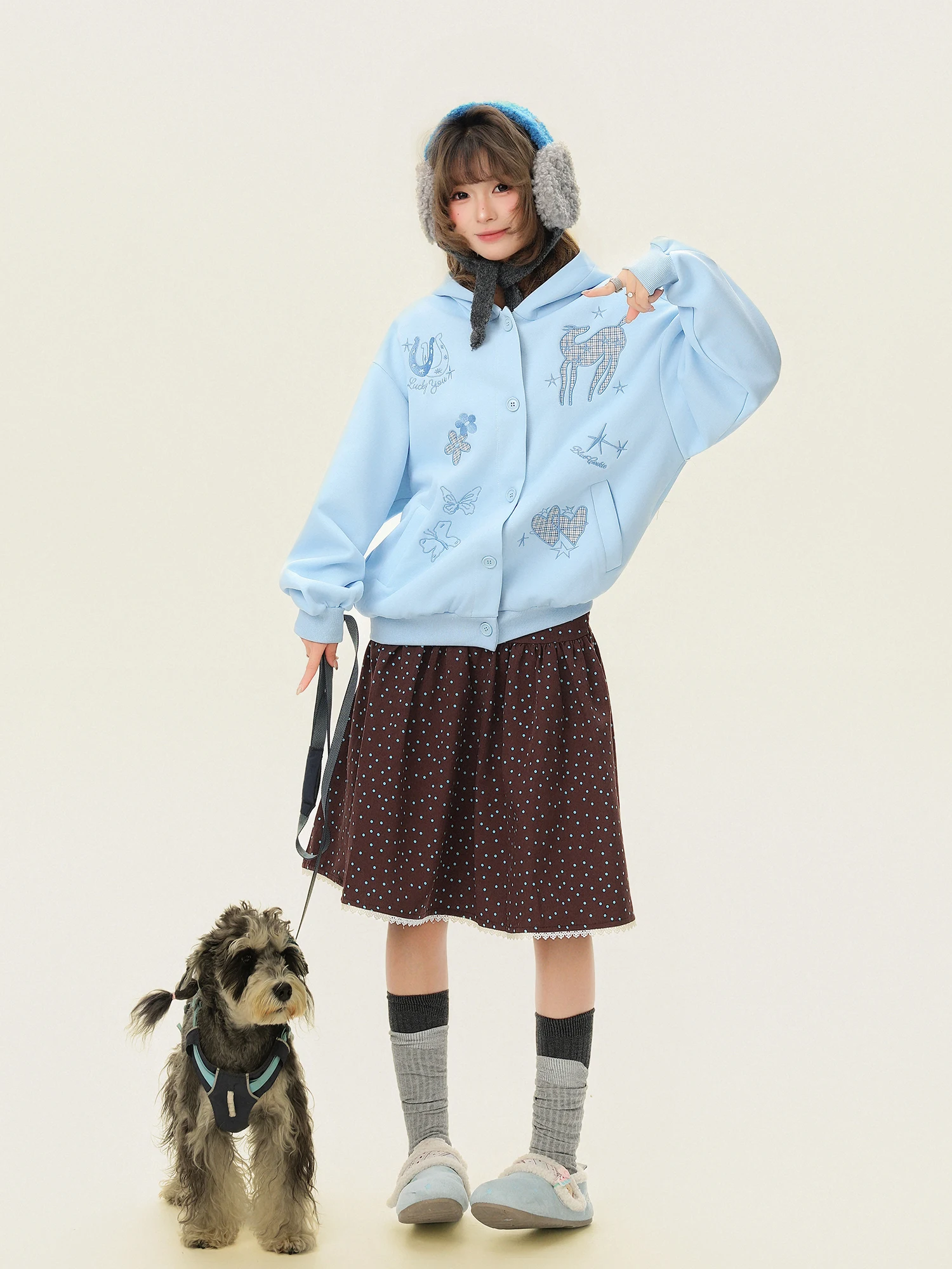Early Spring Light Colored Sweet Plaid Embroidery Hoodie Women's Casual Loose Cardigan Outerwear PU Cookie Style Polyester - view 5