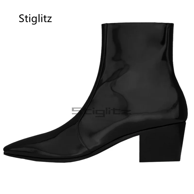 Bright Leather High Heeled Chelsea Boots for Men Pointed Toe Side Zipper Fashion Ankle Boots British Style Business Male Shoes