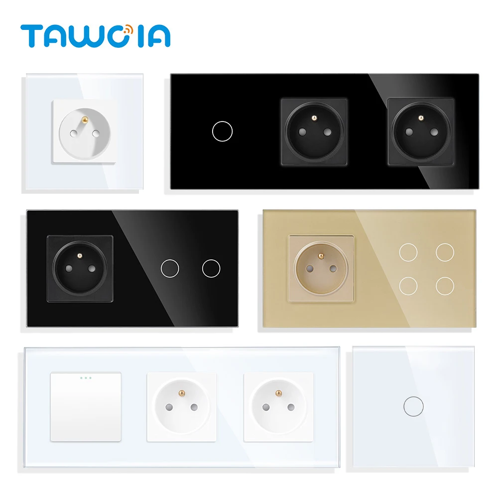 TAWOIA French Polish Power Socket Touch Switch Glass Panel USB Double Outlet Triple Wall Sockets Button Switch Fits E-type Plugs