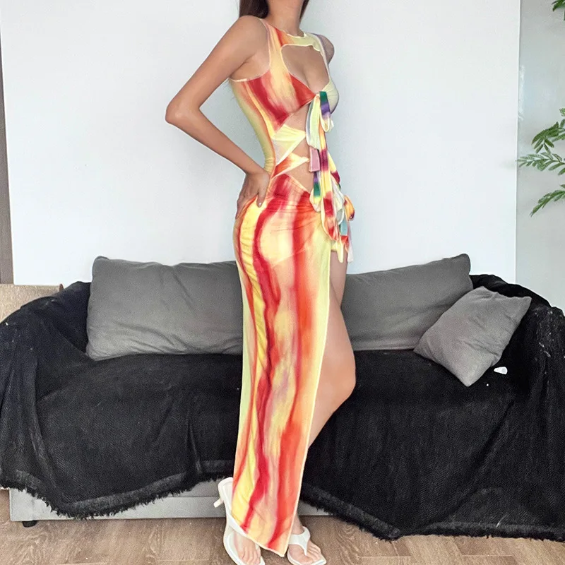 Fashion Print Long Dress Women Sexy Hollow Out Bandage Slim Beach Holiday Dresses Summer High Split Night Club Party Dress 2024