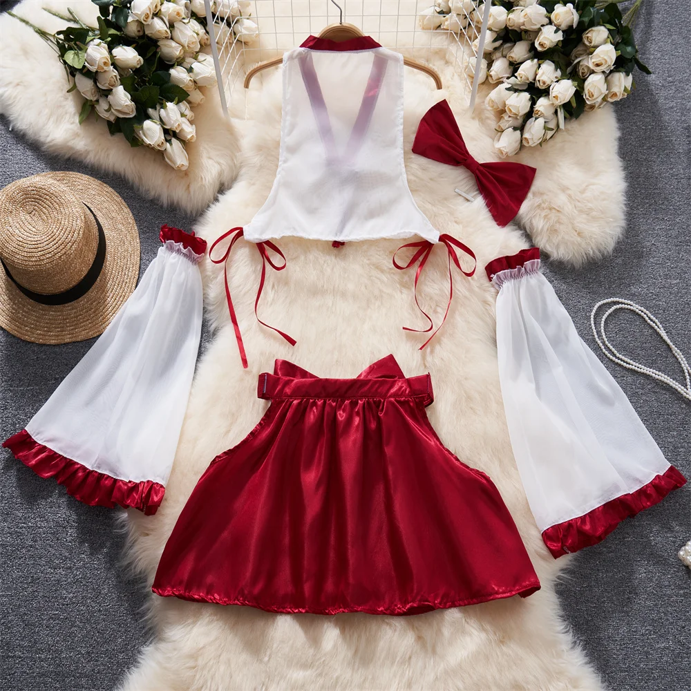 V-Neck Contrast Lace Up Sheer Ruffle Petal Sleeve Crop Top With Sweet Bow Red Mini Skirt Set Sexy Women\'s Sleepwear Japan Pajama