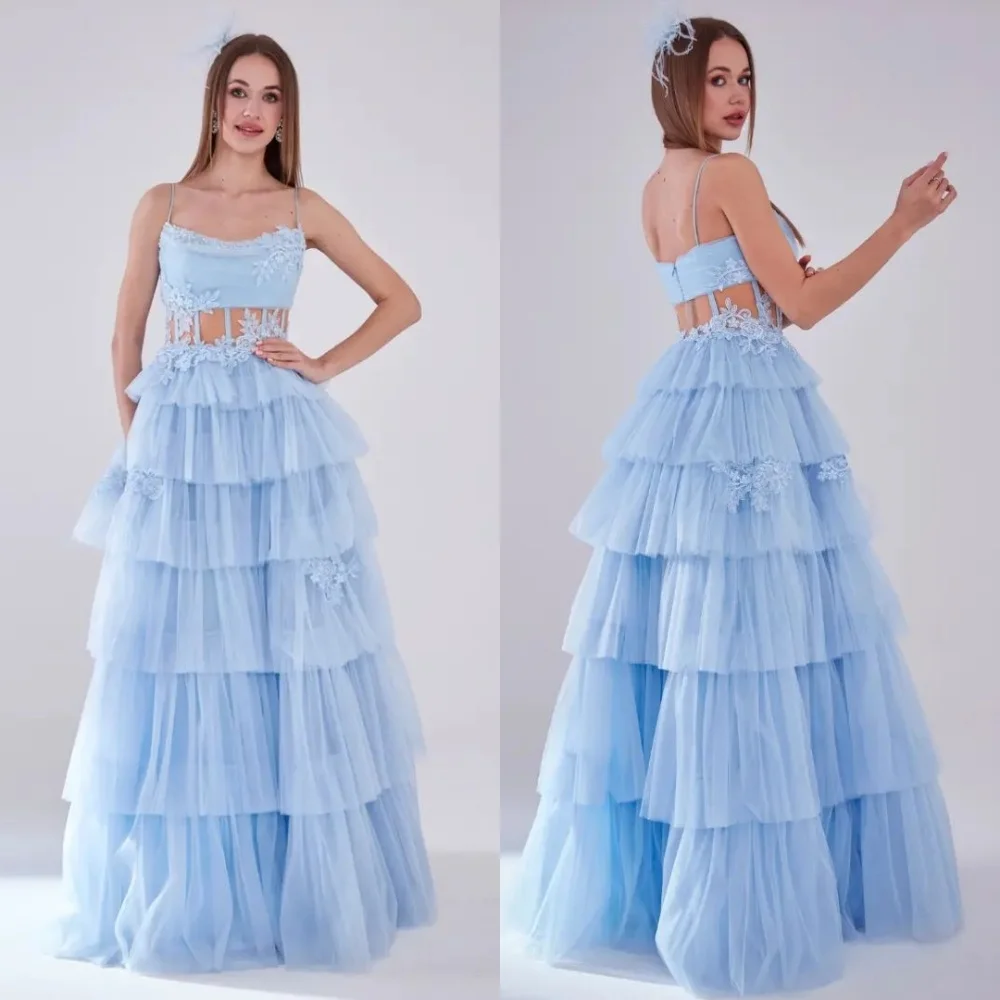 

Customized Tulle Tiered Wedding Party A-line Spaghetti Strap Bespoke Occasion Gown Long Dresses