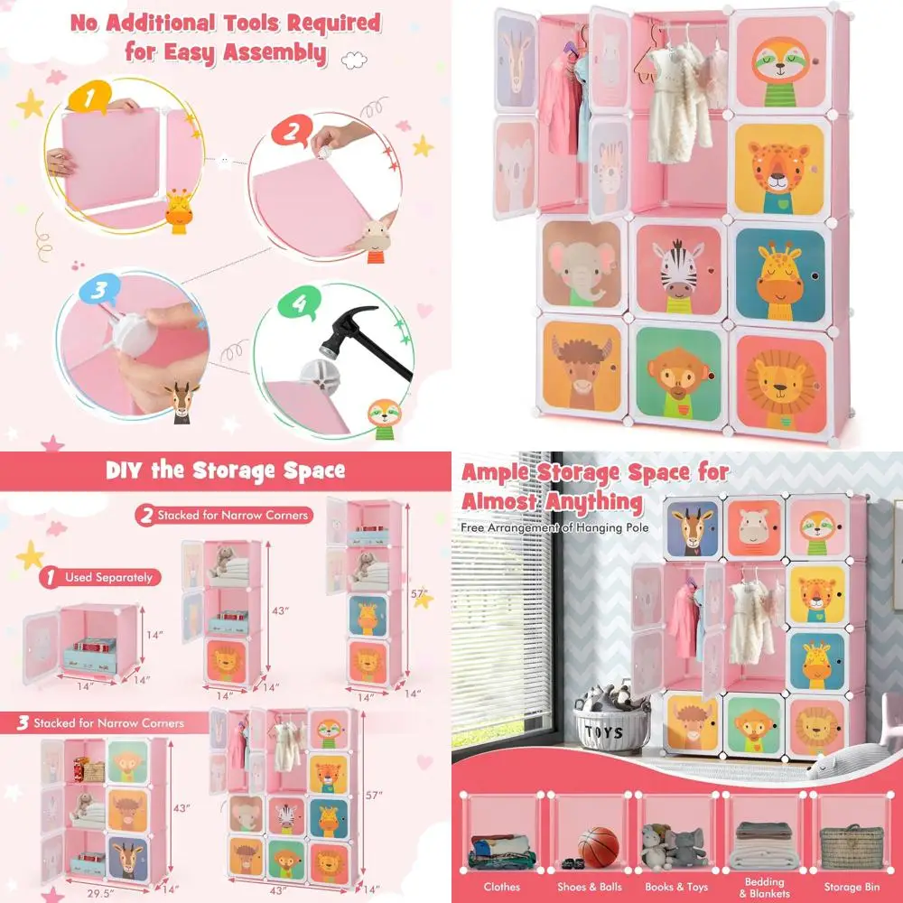 

Portable Kids' Wardrobe Organizer with 12 Cubes and 2 Hanging Spaces for Girls and Boys (Pink)