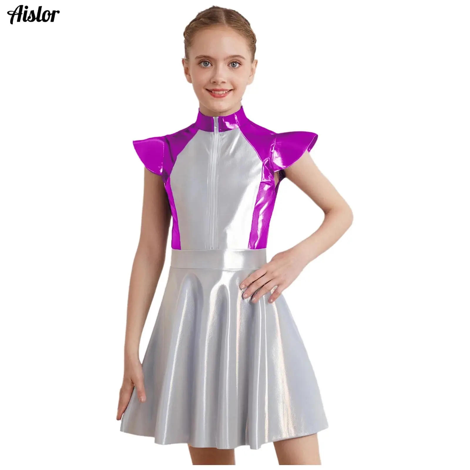 

Kids Girls Dress Halloween Cosplay Robot Alien Costume Metallic Cap Sleeves High Waist A-line Dress Outer Space Cutie Costume