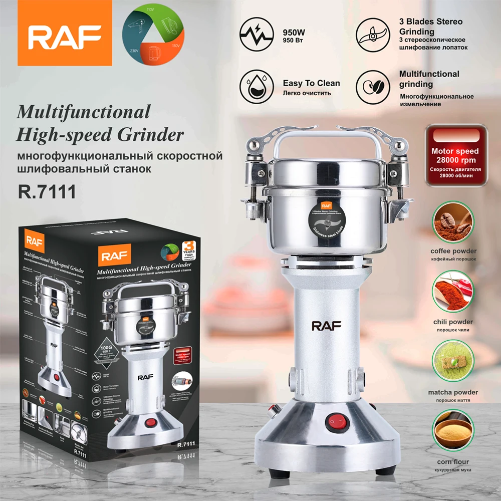 RAF Multi-functional High-speed 3 Blades Stereo Grinding Coffee Bean/Chili/Matcha/Corn Powder Electric Grinder Machine Tools