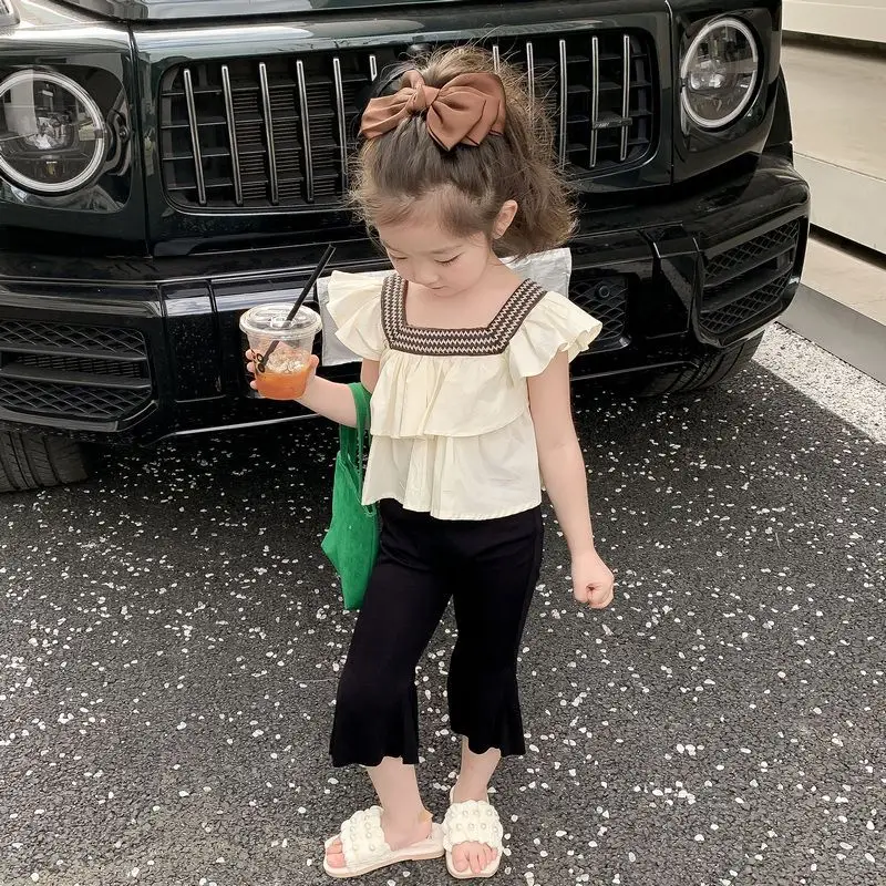 Girls Suits Ruffled Set Korean Version Children Fashionable Summer Children Clothes Baby Cropped Pants Two-piece Set Clothes