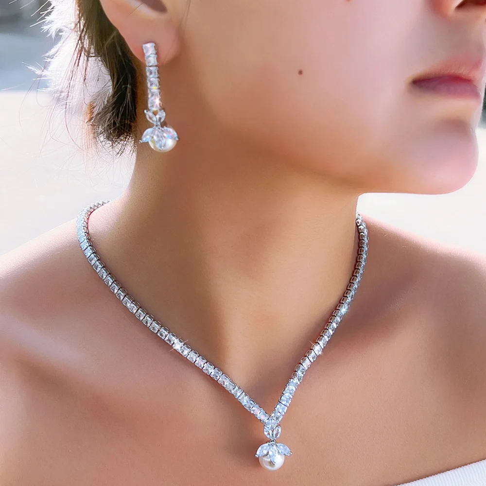 

CWWZircons Elegant Shiny Cubic Zircon Bridal Wedding Pearl Necklace Earrings Sets for Women Dancing Party Costume Jewelry T0871
