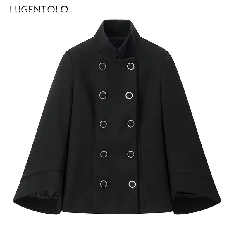 Women Fashion Jacket Fall/Winter 2024 New Black Oversized Bell Sleeves Double-breasted High Neck Elegant Thermal Coats (No Belt)