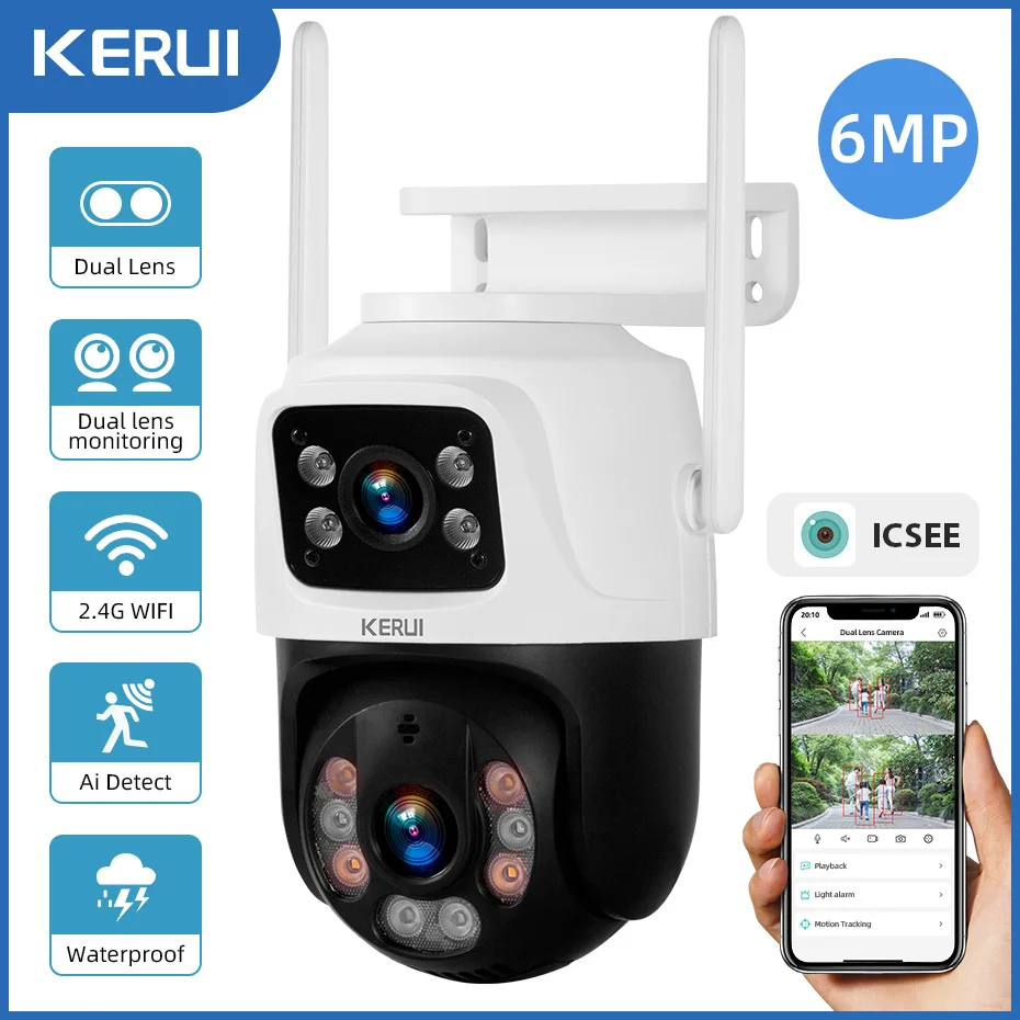KERUI 6MP Dual Lens IP Camera Tuya Smart Home Security Auto Tracking Wireless WIFI CCTV Surveillance Outdoor Waterproof Camera