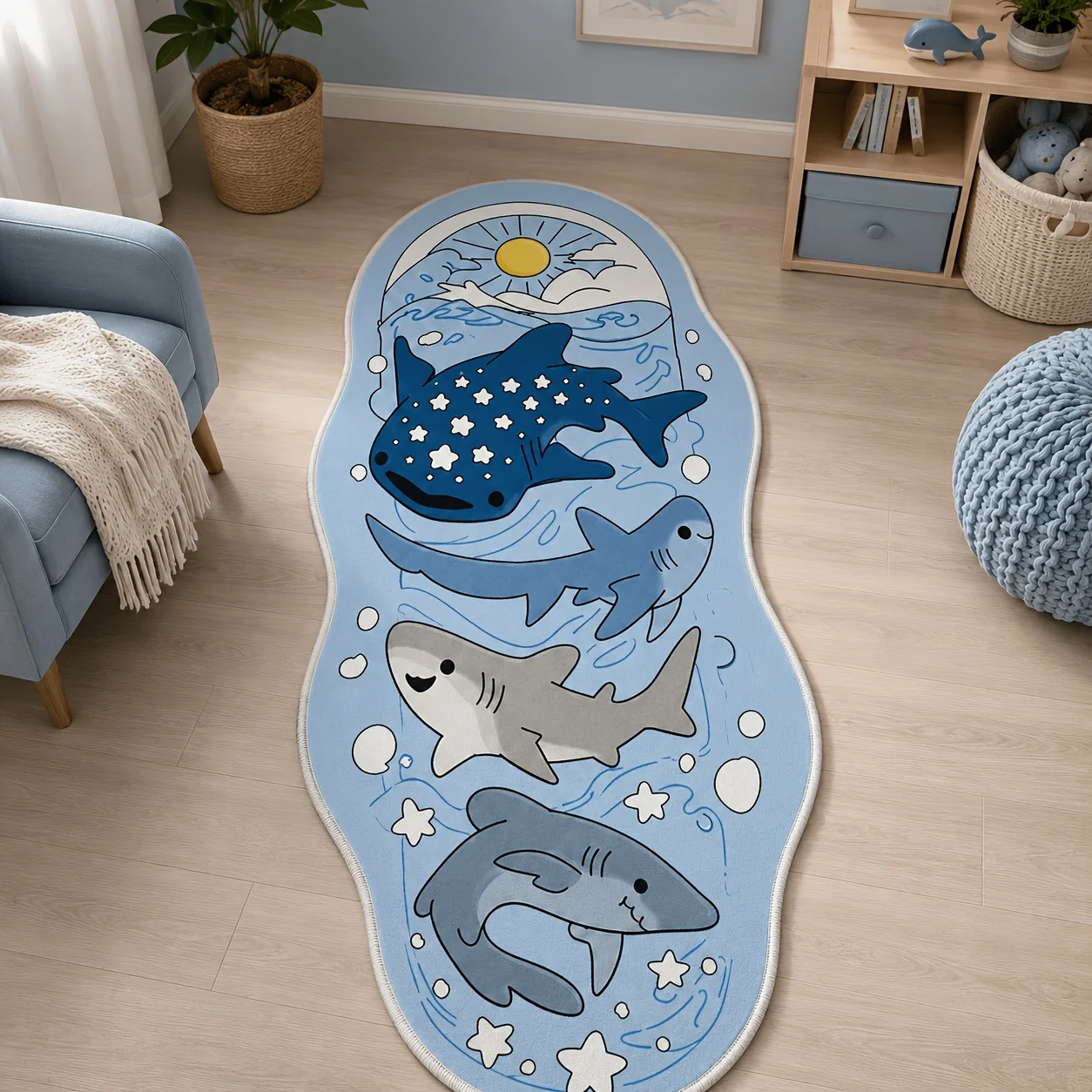 VIKAMA Cute Whale Shark Shark Family Irregular Area Rug Sun Wave Print Washable Water Absorbent Boys Home Decor Carpet