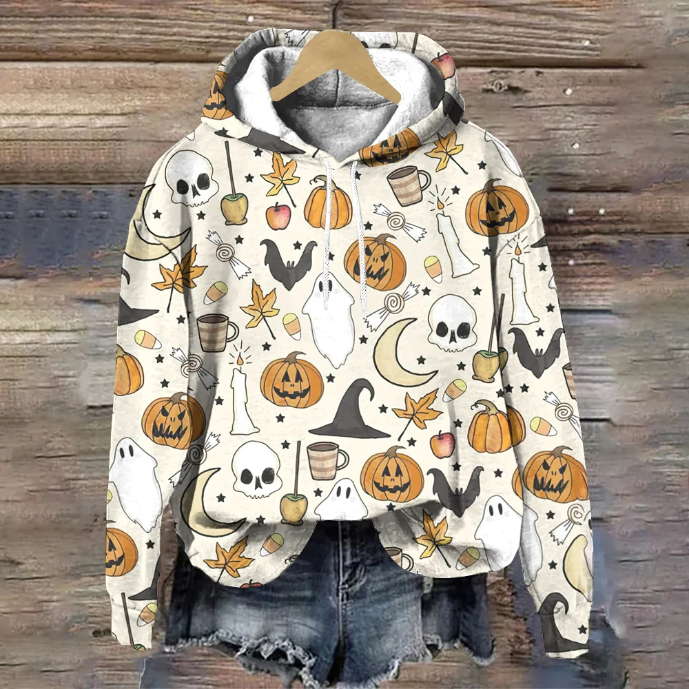 Hoodies estampados de cabeça e fantasmas de abóbora feminino, tops soltos, capuz halloween, pulôver, tendência da moda outono