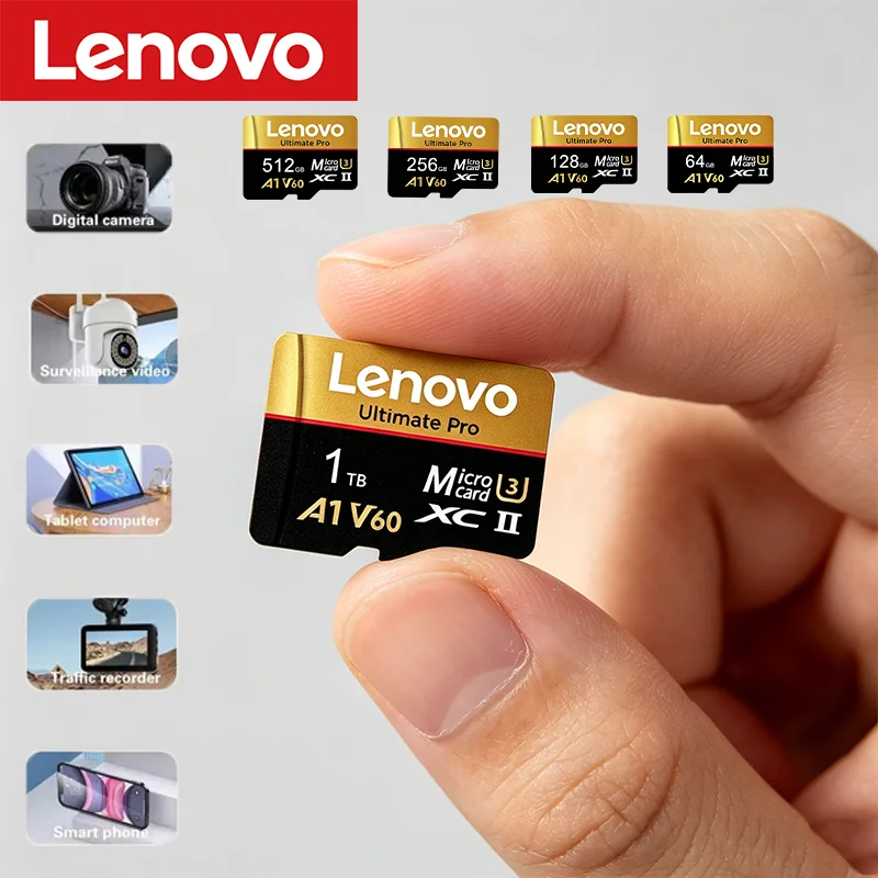 Cartão de Memória Lenovo 1TB, Desempenho Estável para Câmeras e Dispositivos de Vigilância, Cartão de Memória Micro TF SD de Alta Velocidade 512GB 256GB 128GB