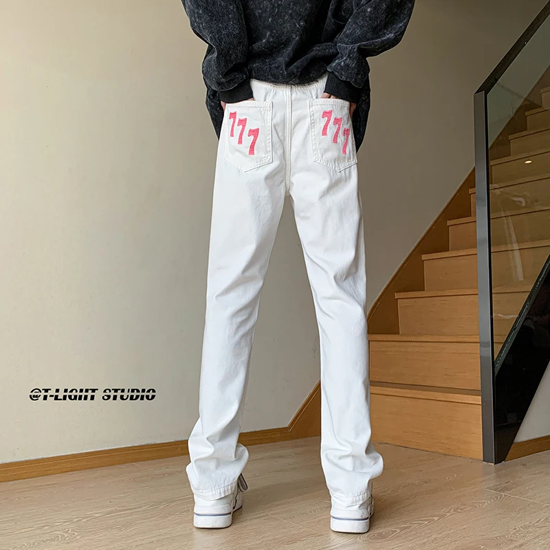 

Белые прямые джинсы с вышивкой American Vibe, мужские модные брюки Slim Fit с эластичными манжетами, молодежные повседневные брюки