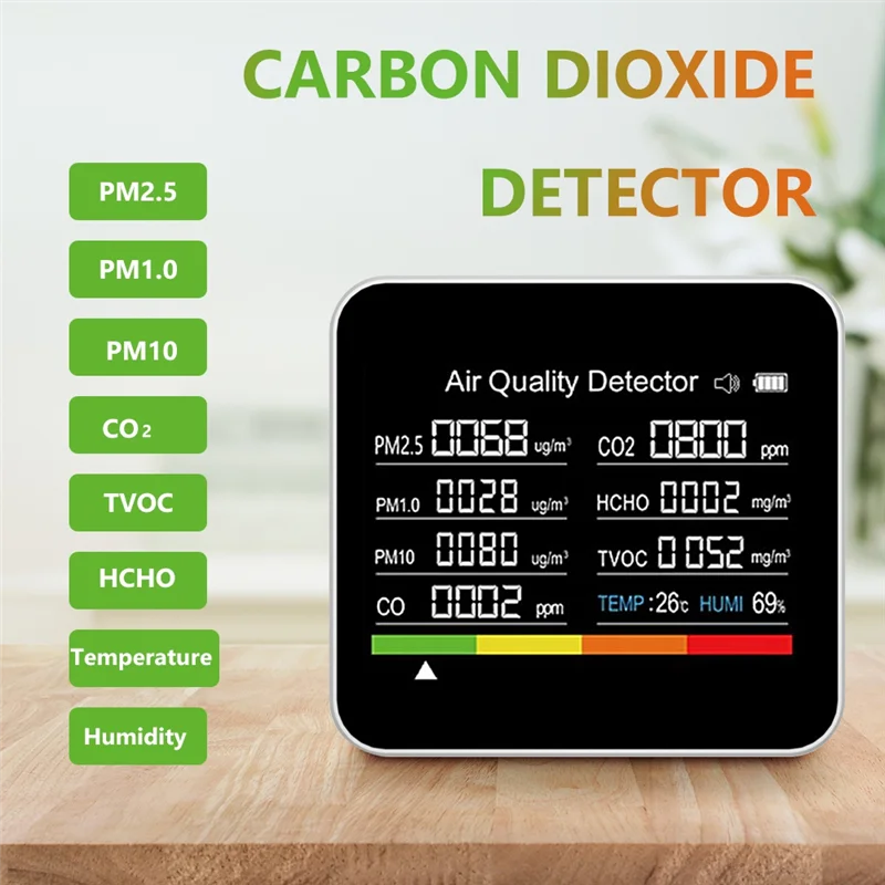 9 In1 Air Quality Monitor Meter Carbon Dioxide Detector TVOC HCHO PM2.5 PM1.0 PM10 Temperature Humidity Detection