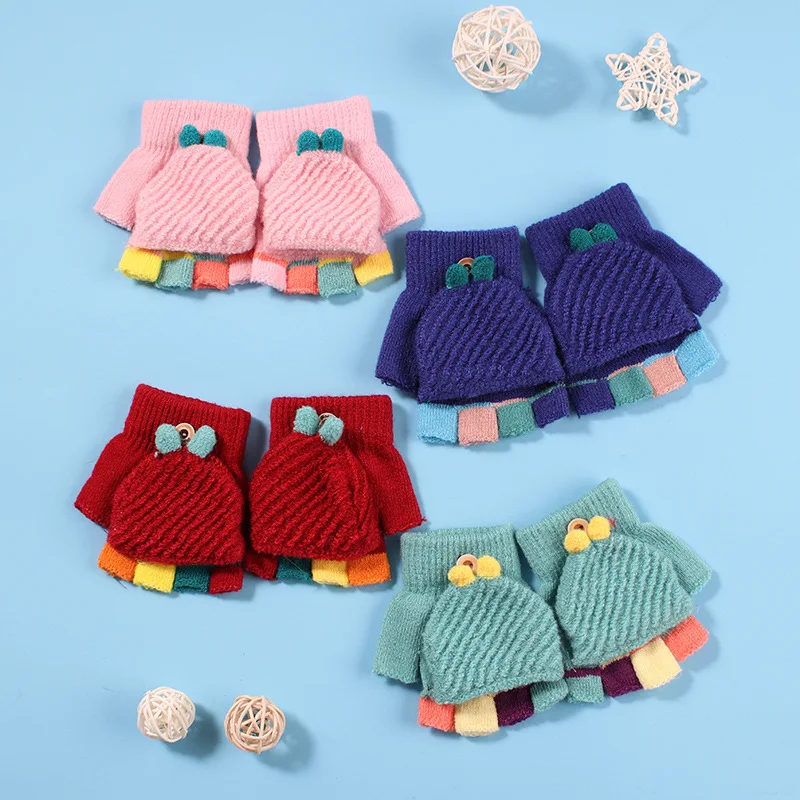 Crianças Luvas Quentes Luvas de Inverno de Espessura das Crianças Bonito Dos Desenhos Animados de Malha Luvas de Retalho Para Meninas Meninos варежки детские зимние