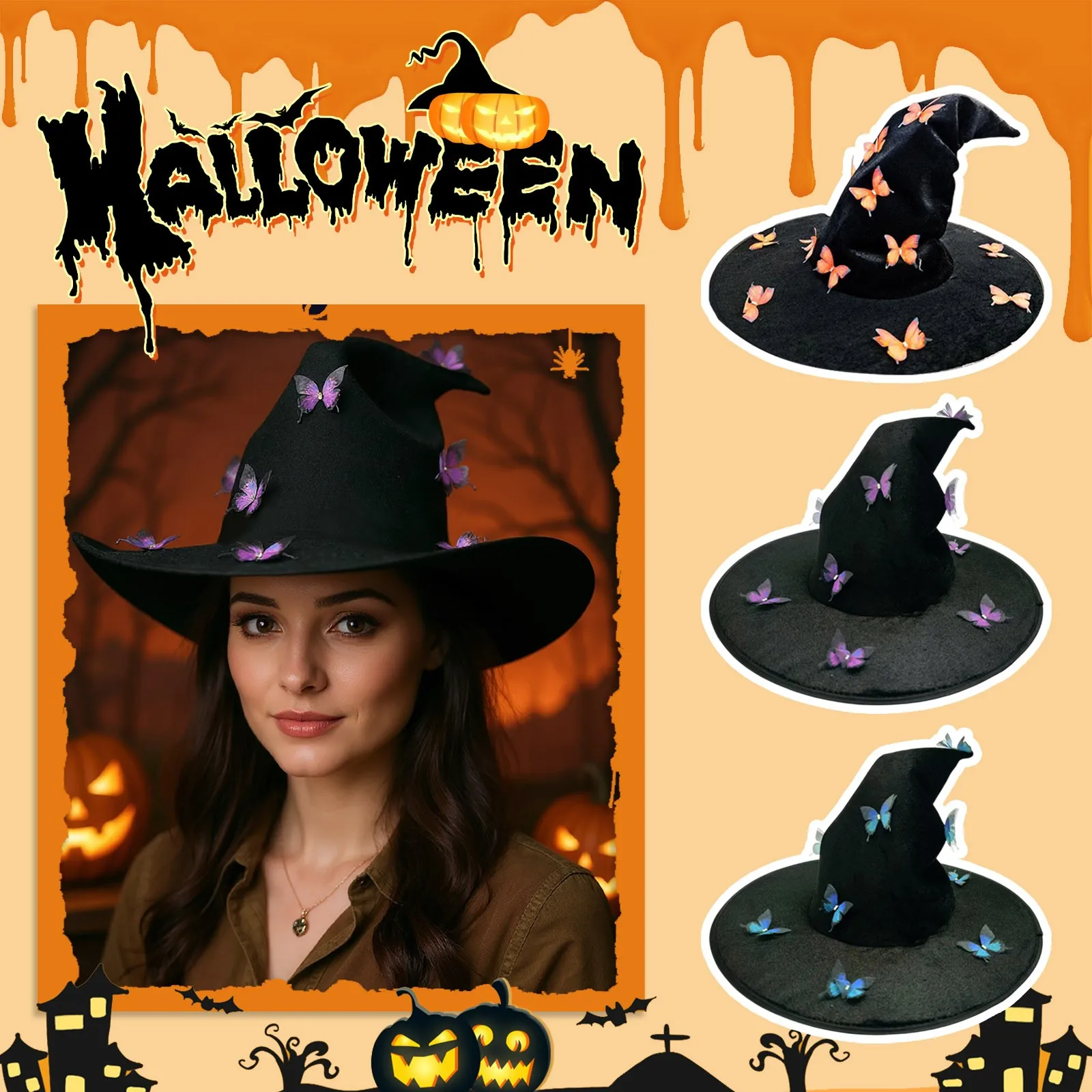 Halloween Pleated Butterfly Witch Hat Funny Wizard Hats Halloween Holiday Decoration Props Cosplay Witch Hat Accessories