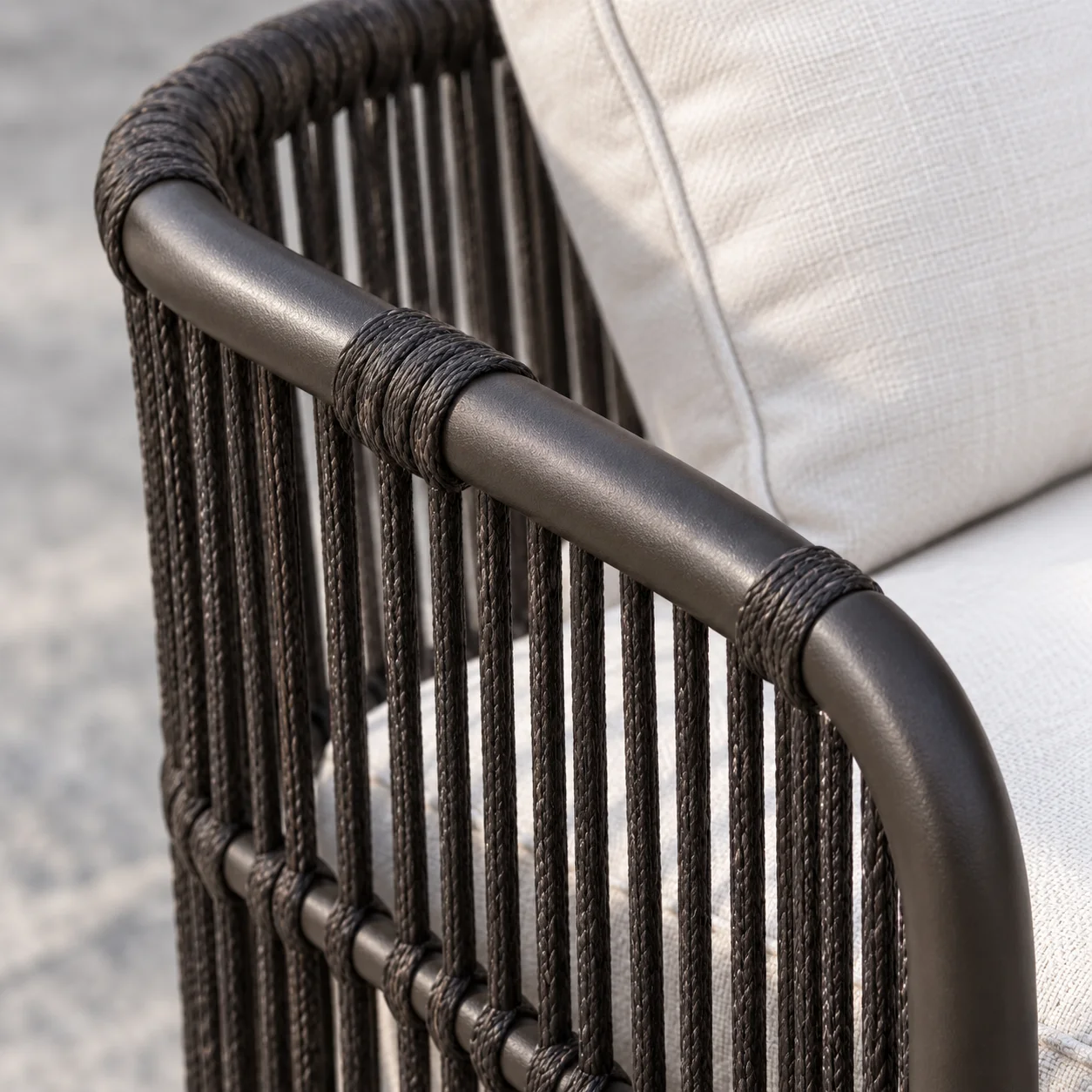 Garden Hotel 4-piece Courtyard Session Casual Set with rope-woven loveseat, two lounge chairs and rectangular coffee table