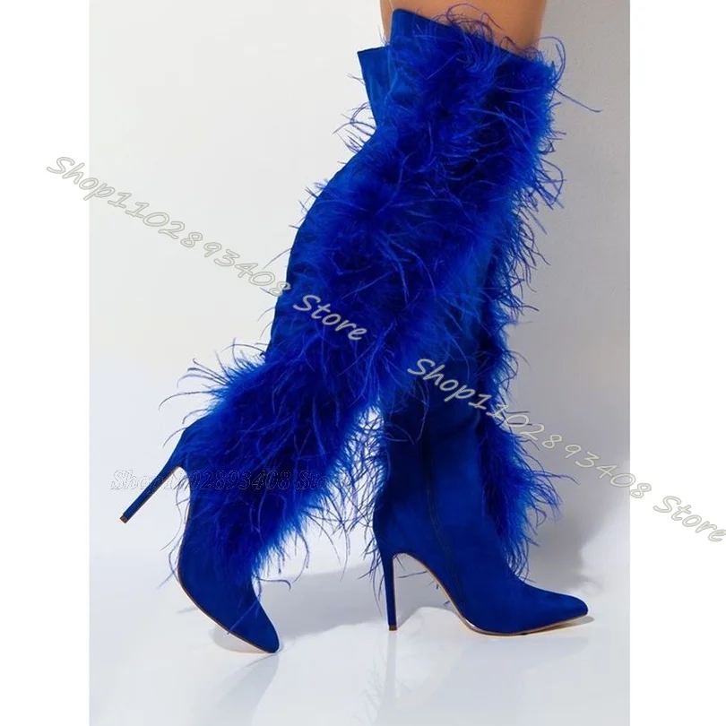 

Blue Fur Flock Stiletto Knee Boots Pointed Toe High Heels New Fashion Shoes Spring Personality Women Boots Zapatos Para Mujere