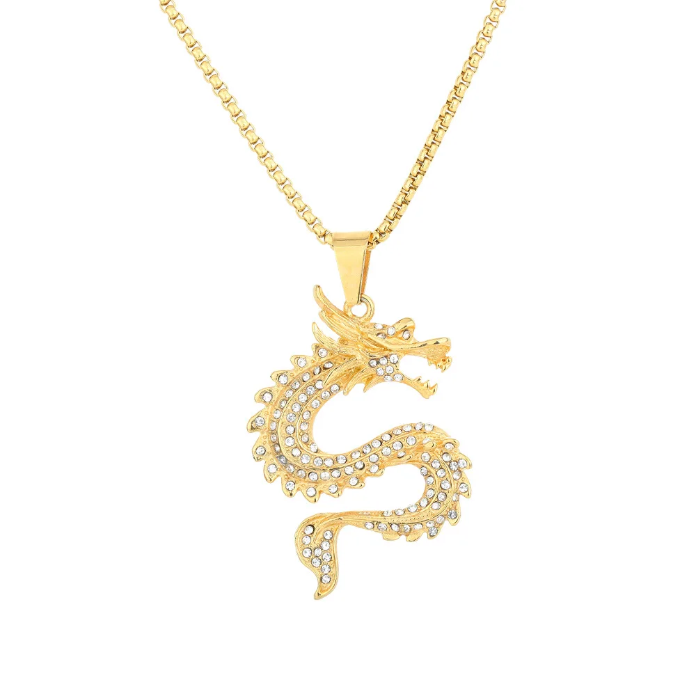 

Punk Fashion Iced Out Bling Chinese Dragon Pendant Male Gold Color Stainless Steel Animal Necklace for Men Cool Jewelry Gift