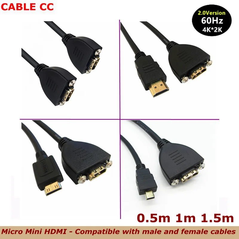 

Gold-plated 4K Micro Mini HDMI - compatible male female to A female Expansion Cable with Screw Panel Installation