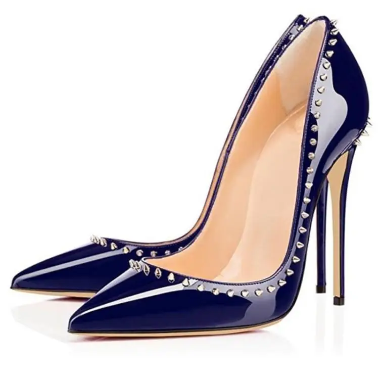 New navy blue patent leather rivet high heels for women, slim heels, sexy pointed toes, shallow mouth temperament, single shoe