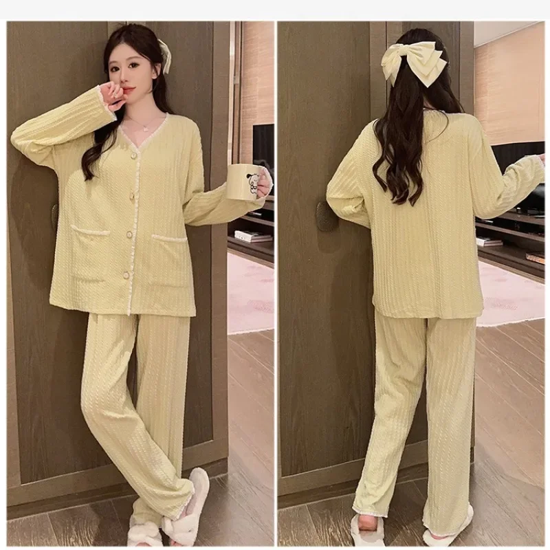 5XL Plus Size Cotton Loungewear Set Women\'s Autumn Spring Long Sleeve Cardigan Pants Pajamas Korean Girl Student Loose Home Suit