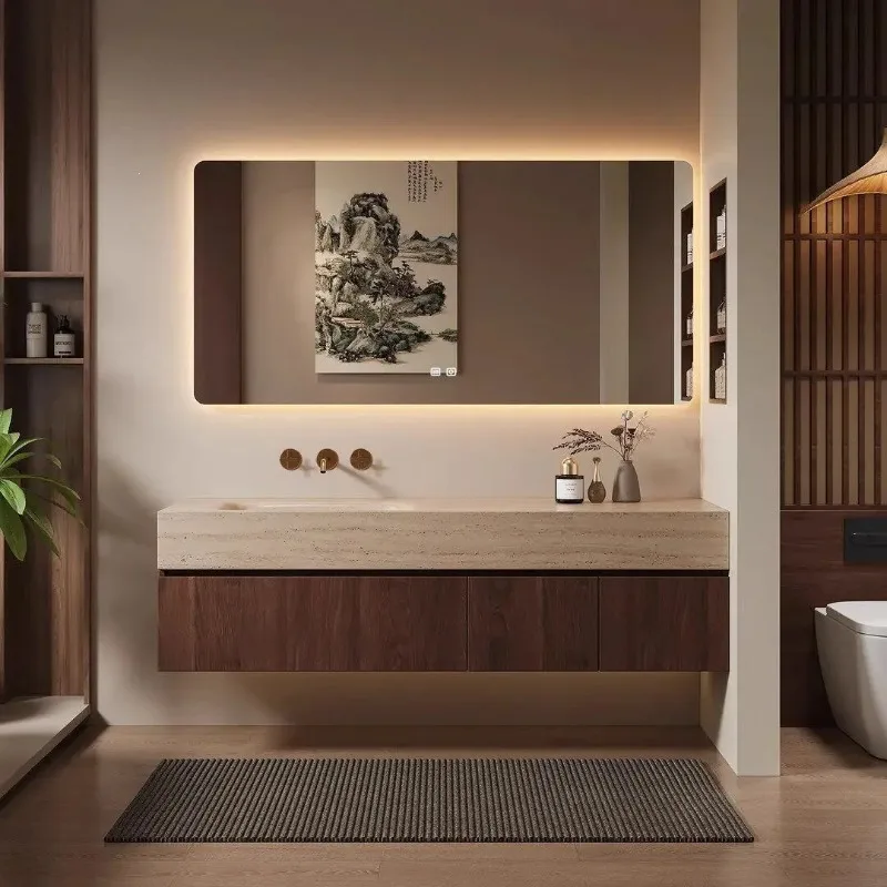 Medieval style travertine rock slab hot bending integrated basin bathroom cabinet combination wash basin washbasin cabinet