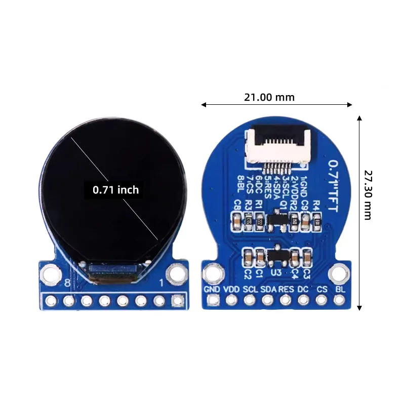 0.71-inch Round TFT LCD Display Module - GC9D01 Driver, 160x160 Resolution, 8-pin Blue PCB, SPI Interface, Full Color
