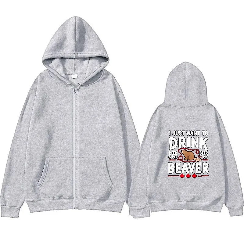 سترة رجالي بقلنسوة باللون الأسود أريد فقط شرب البيرة والحيوانات الأليفة سمور مطبوعة مضحكة ملابس الشارع الشهير مع قلنسوة للارتداء اليومي