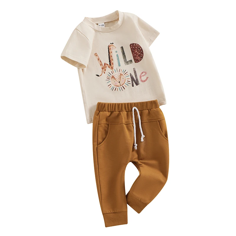 

RWYBEYW Toddler Baby Boy First Birthday Outfit Letter Print Short Sleeve Sweatshirt Shirt Top Brown Jogger Pants Summer Clothes